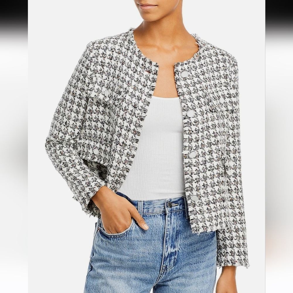 Aqua Womens Raw Hem Button Up Collarless Houndstooth Blazer Size S
